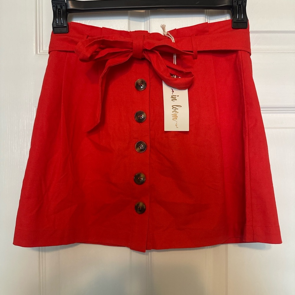 In Bloom Red Button-Front Mini Skirt with Self-Tie Waist